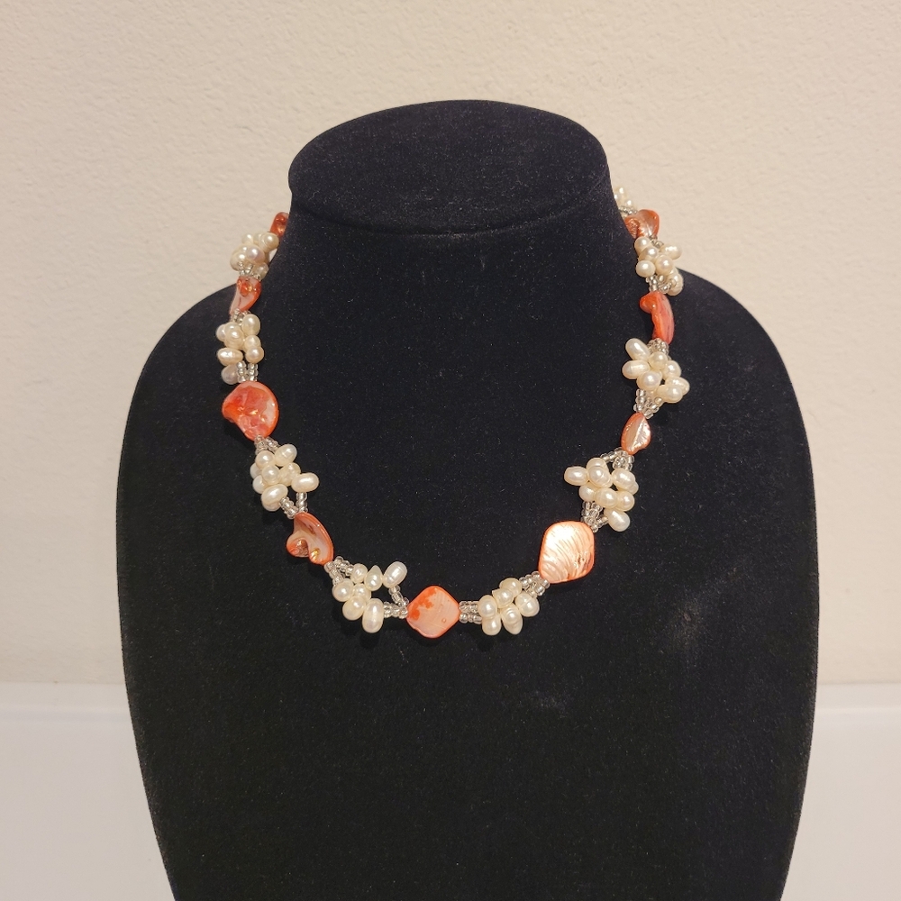 White Fresh Water Pearls Accented By Coral Color Pearl's in Floral Design New